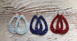 ONLINE EXCLUSIVE! Red, White and Blue Glitter Open Teardrop Earrings 4th of July