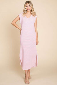 Culture Code Striped V-Neck Slit Dress with Pockets