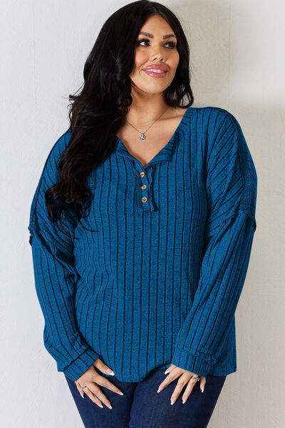 AVAILABLE ONLINE ONLY! Basic Bae  Ribbed Half Button Long Sleeve T-Shirt