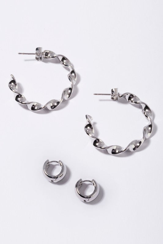 Twisted hoop earring and bold earring set   silver