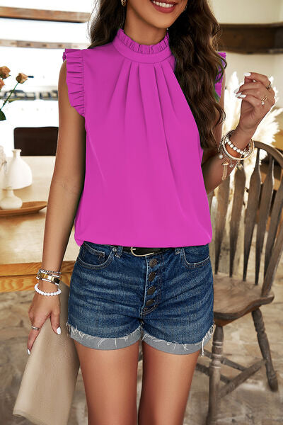 Frill Ruched Mock Neck Sleeveless Blouse