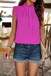 Frill Ruched Mock Neck Sleeveless Blouse